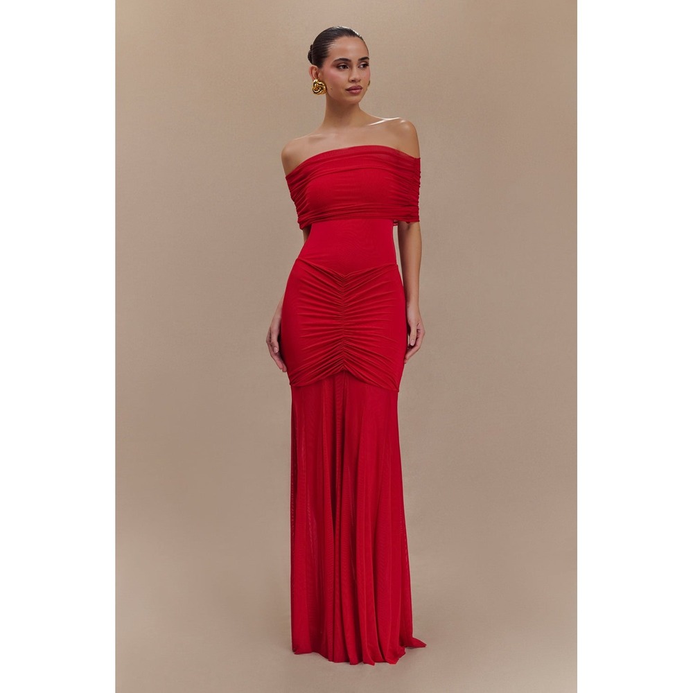 MESHKI Red Off Shoulder Ruched Mesh Maxi Dress Size S